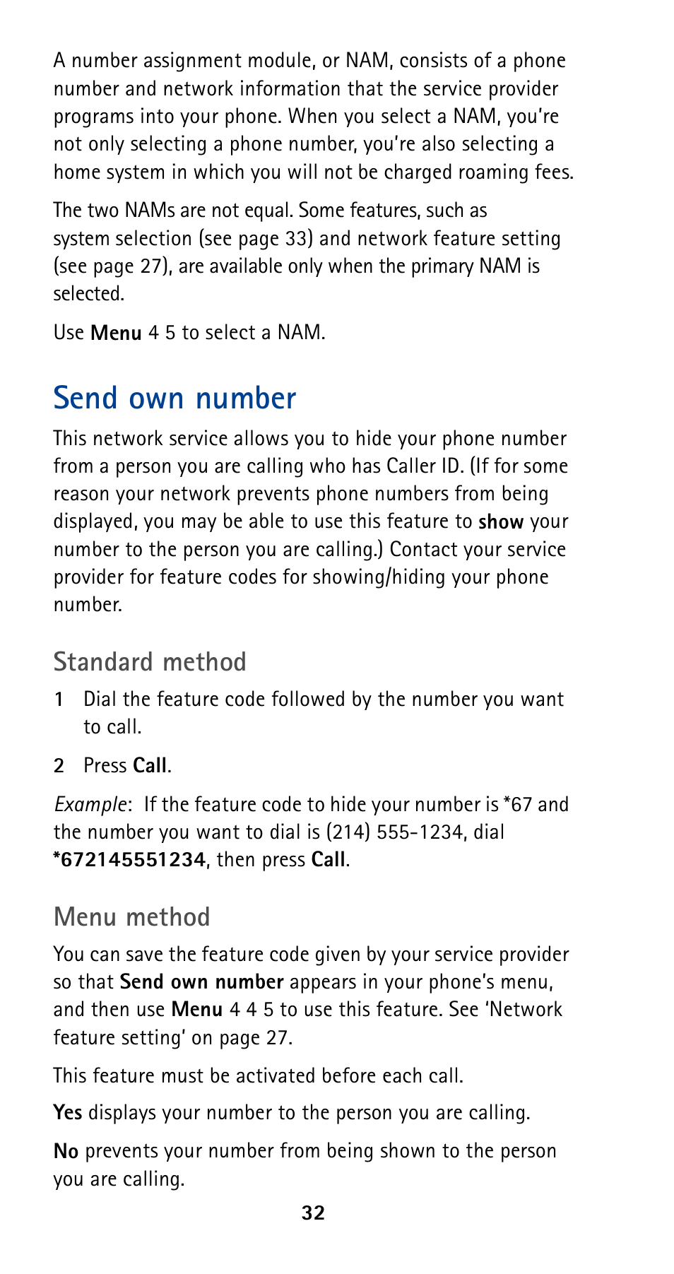 Send own number, Standard method, Menu method | Nokia 5160 User Manual | Page 39 / 81