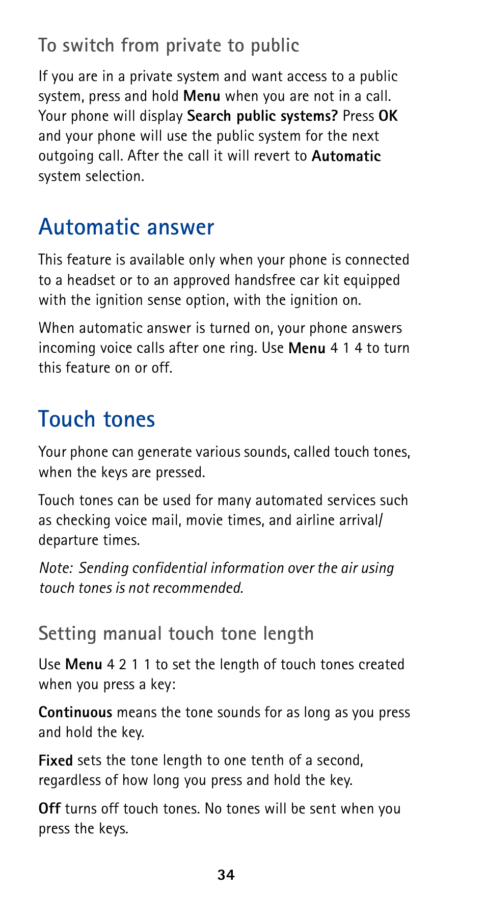 Automatic answer, Touch tones, Automatic answer touch tones | Setting manual touch tone length | Nokia 5160 User Manual | Page 41 / 81