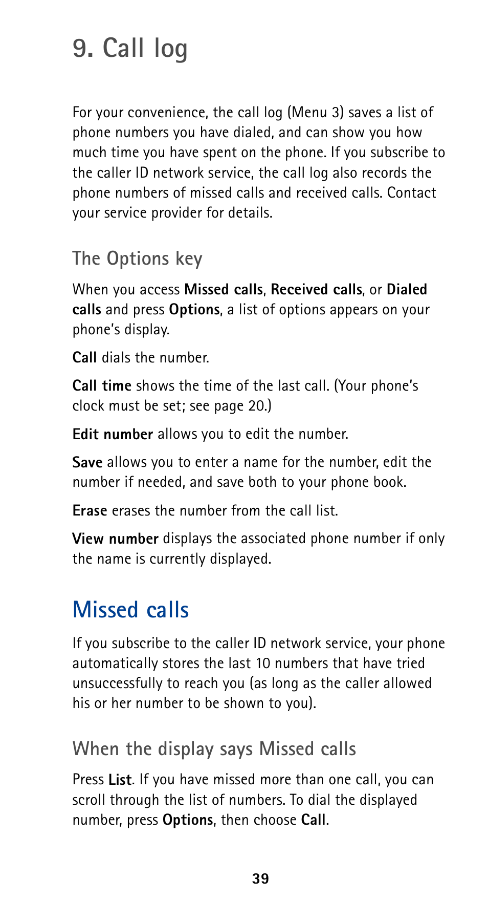 Call log, Missed calls | Nokia 5160 User Manual | Page 46 / 81