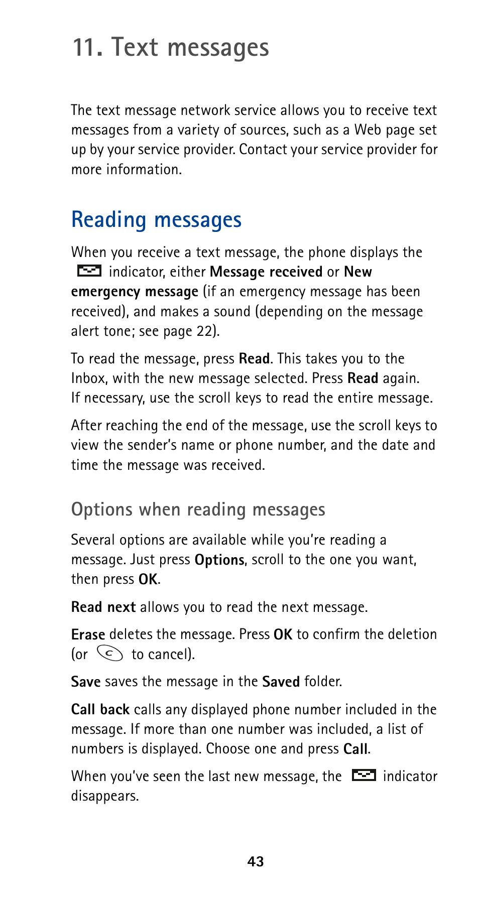 Text messages, Reading messages, Options when reading messages | Nokia 5160 User Manual | Page 50 / 81