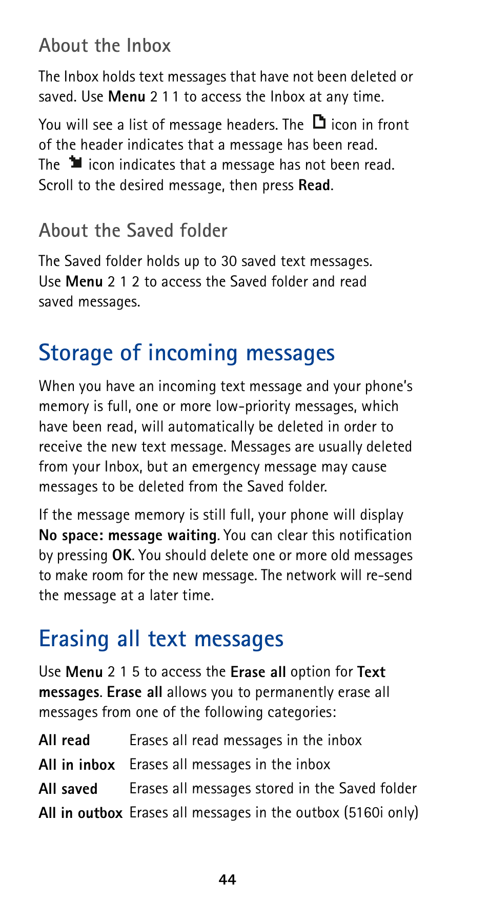 Storage of incoming messages, Erasing all text messages, About the inbox | About the saved folder | Nokia 5160 User Manual | Page 51 / 81