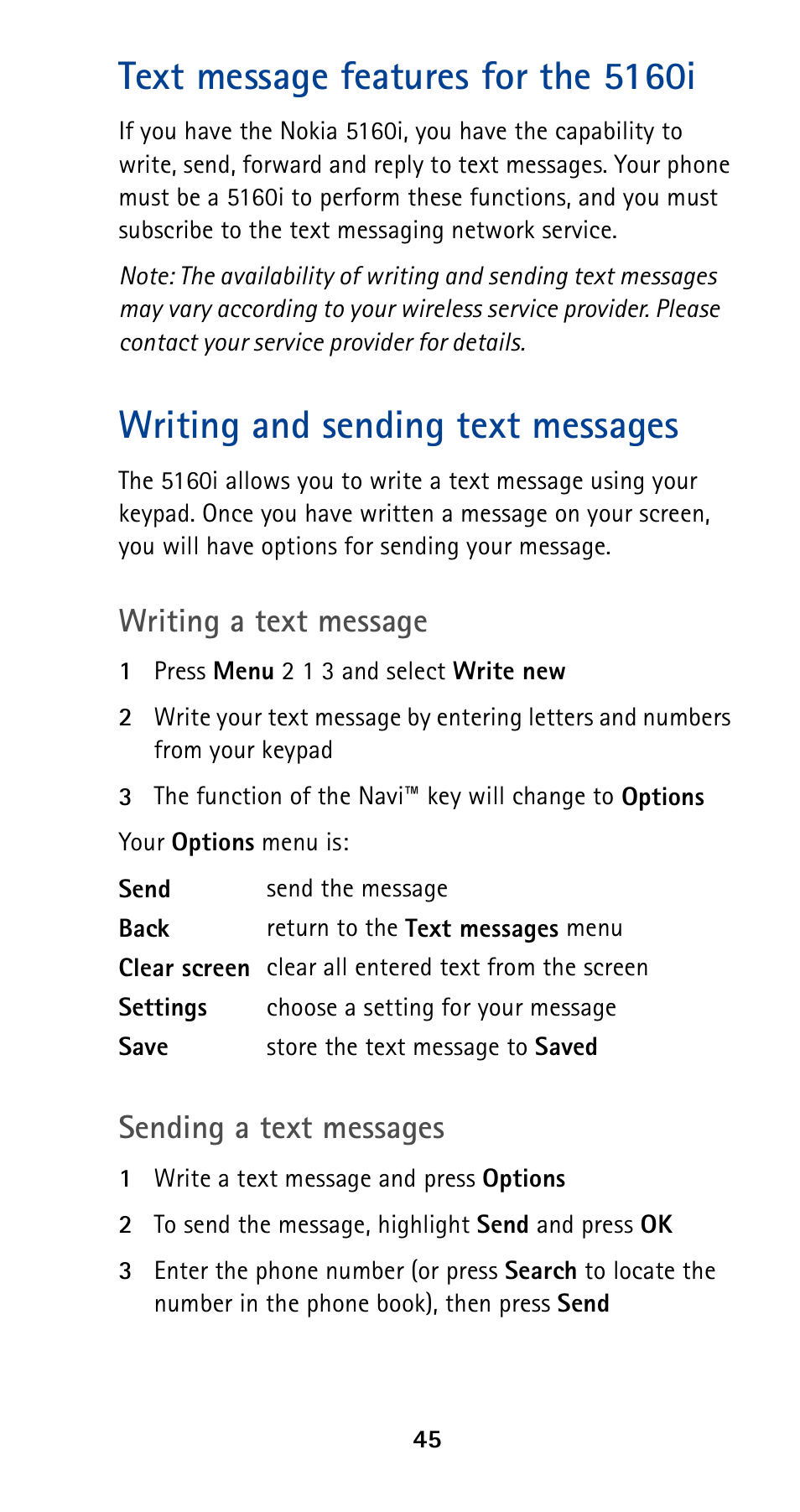 Text message features for the 5160i, Writing and sending text messages, Writing a text message | Sending a text messages | Nokia 5160 User Manual | Page 52 / 81