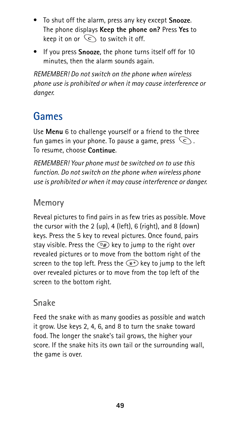 Games, Snake | Nokia 5160 User Manual | Page 56 / 81