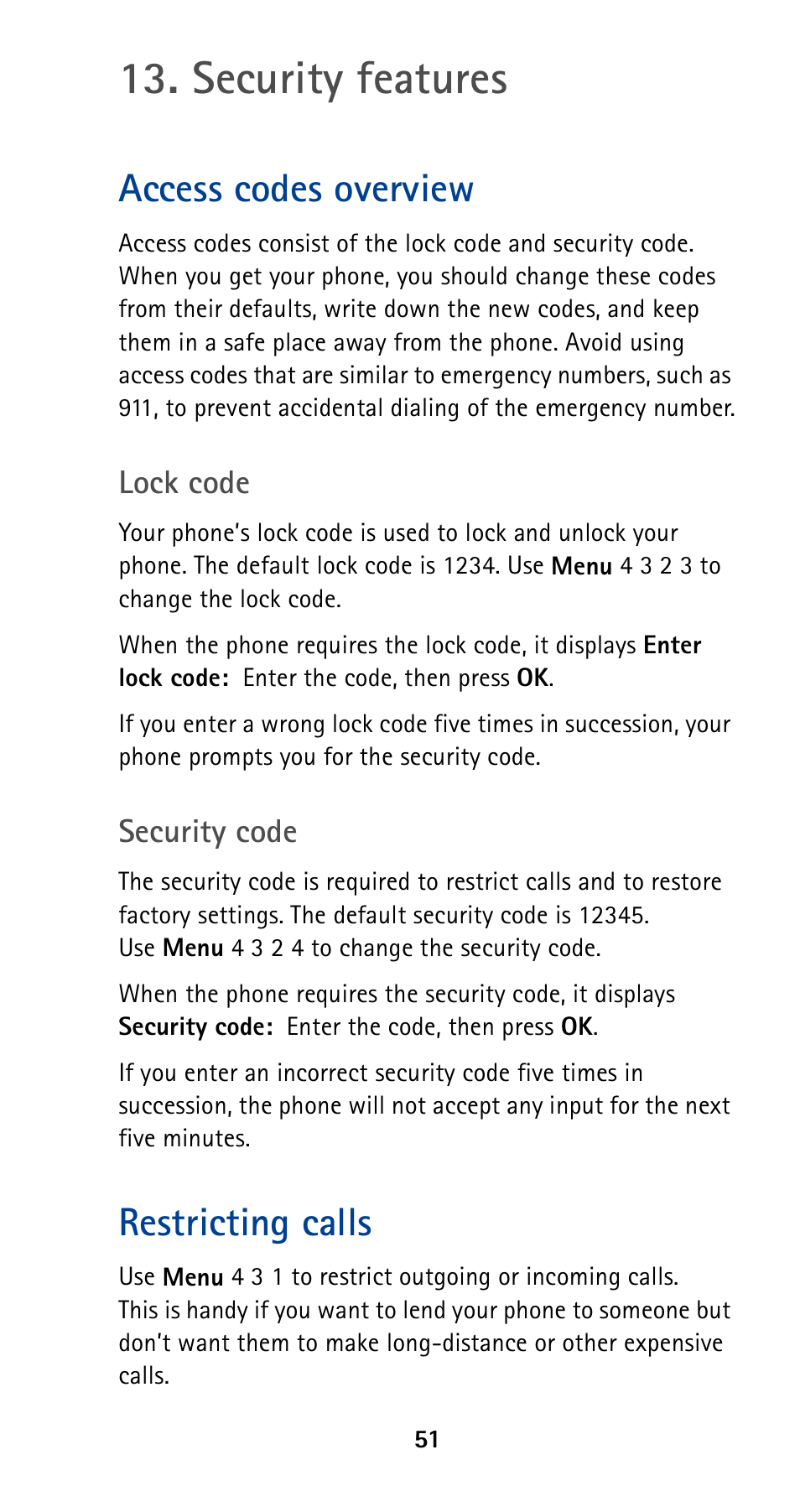 Security features, Access codes overview, Lock code | Security code, Restricting calls, Lock code security code | Nokia 5160 User Manual | Page 58 / 81