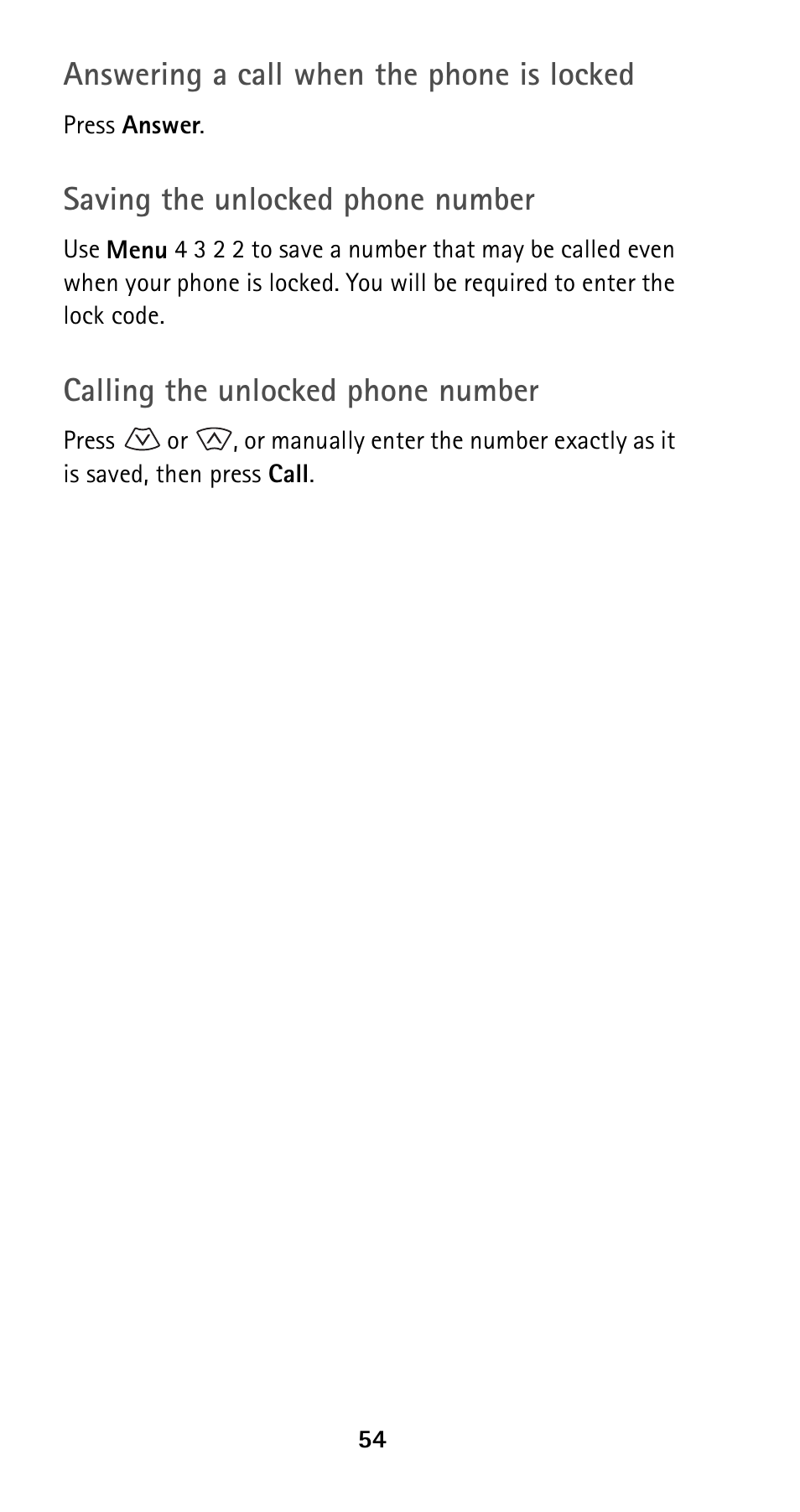 Answering a call when the phone is locked, Saving the unlocked phone number, Calling the unlocked phone number | Nokia 5160 User Manual | Page 61 / 81