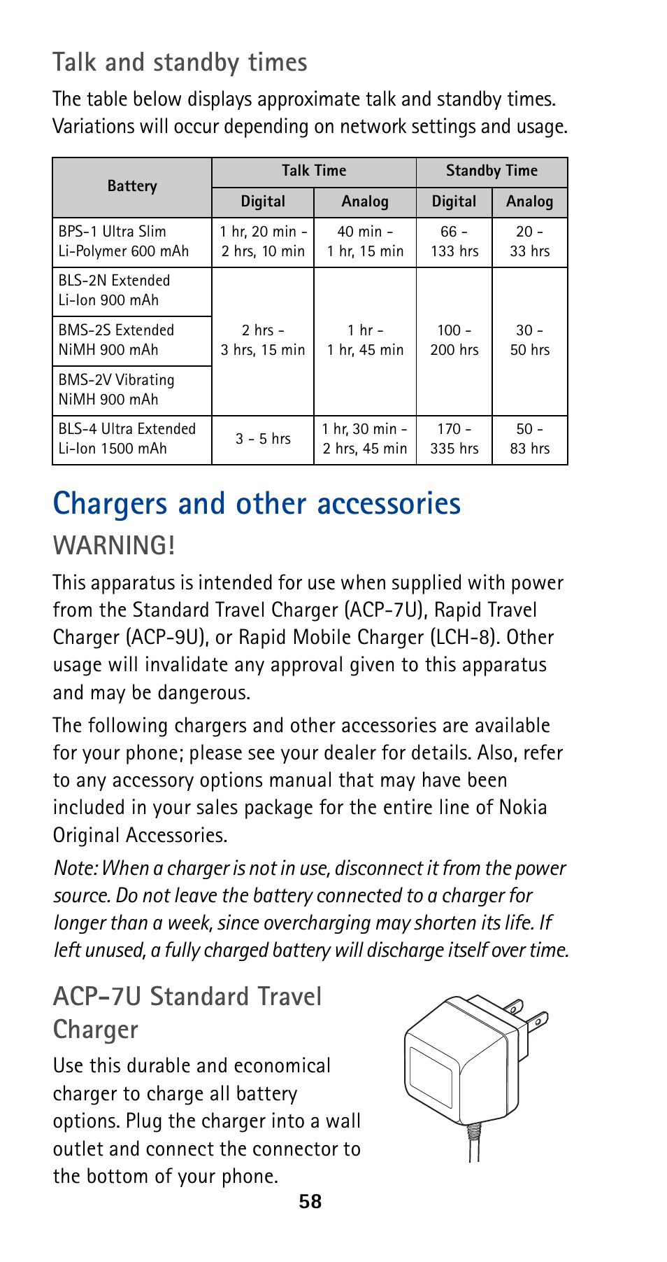 Chargers and other accessories, Talk and standby times, Warning | Acp-7u standard travel charger | Nokia 5160 User Manual | Page 65 / 81