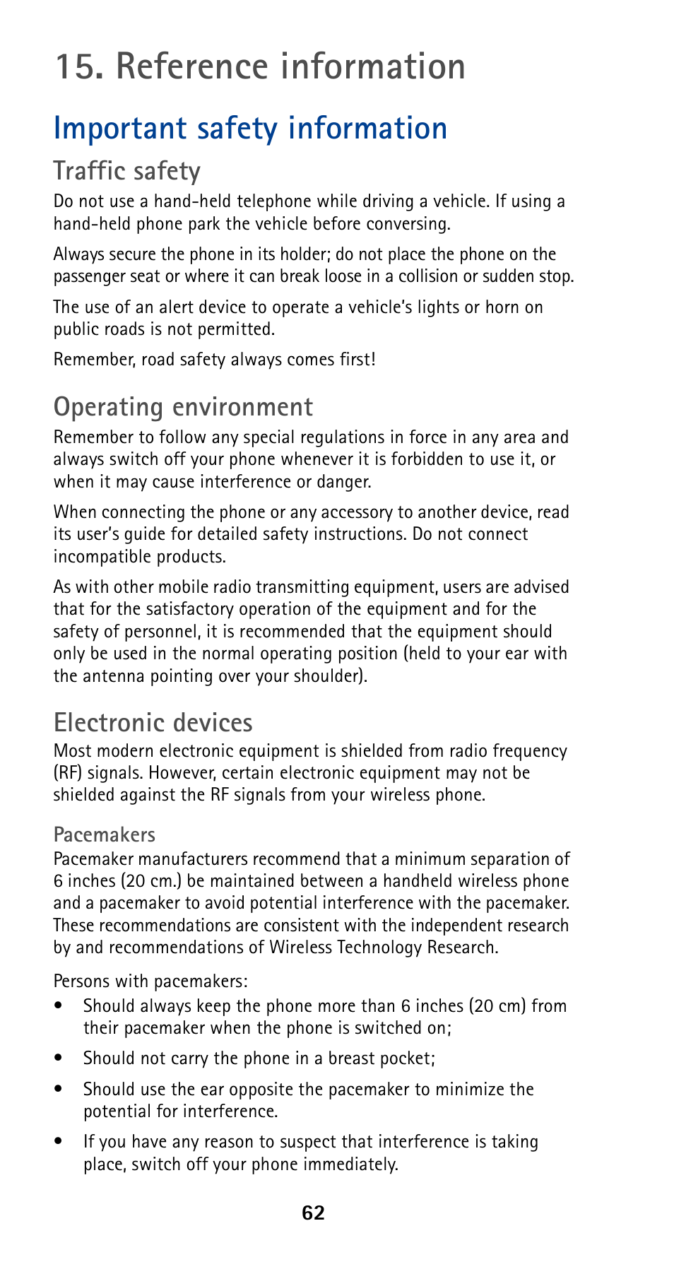 Reference information, Important safety information, Traffic safety | Operating environment, Electronic devices | Nokia 5160 User Manual | Page 69 / 81