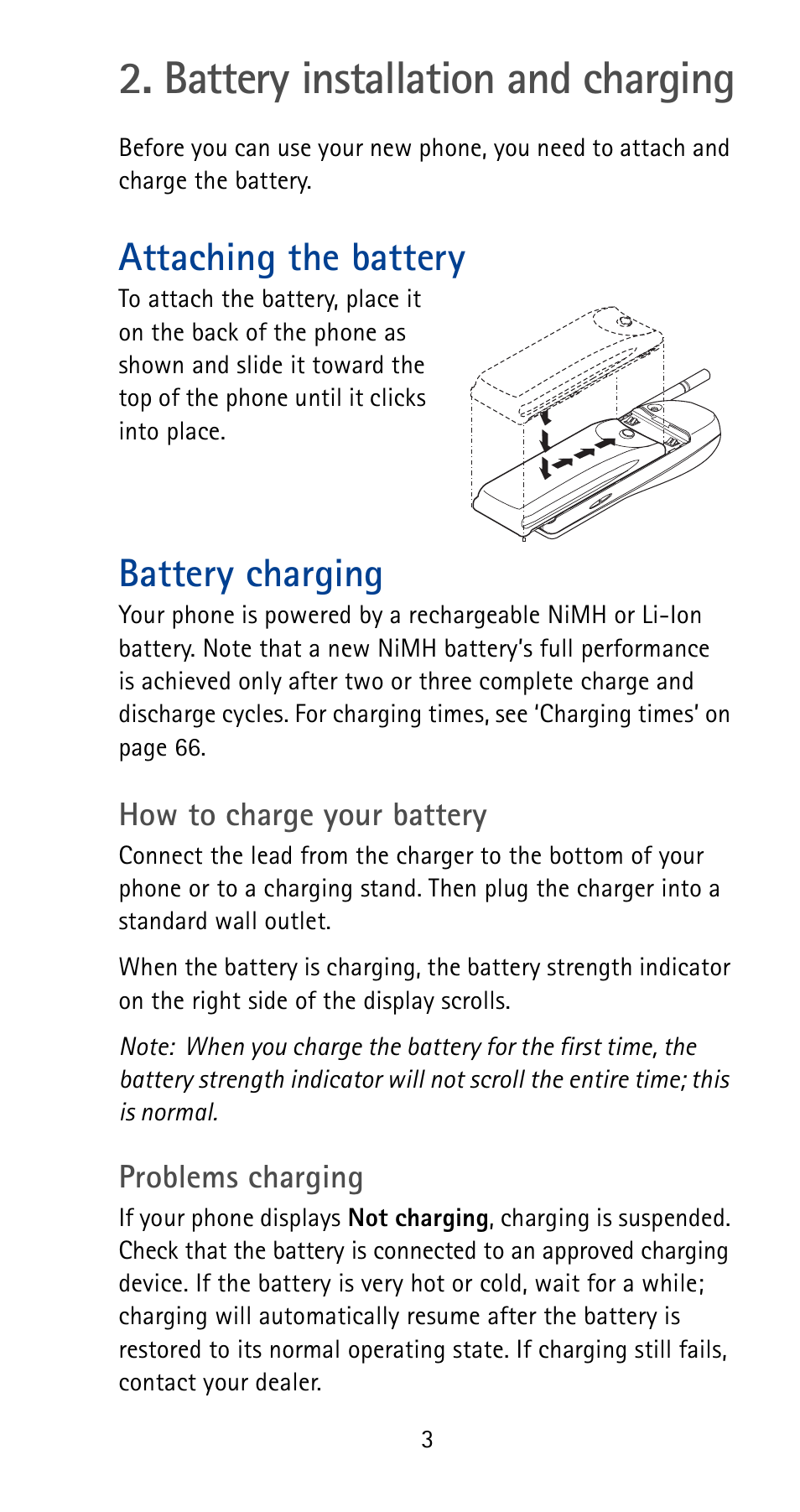 Battery installation and charging, Attaching the battery, Battery charging | Nokia 5165 User Manual | Page 10 / 93