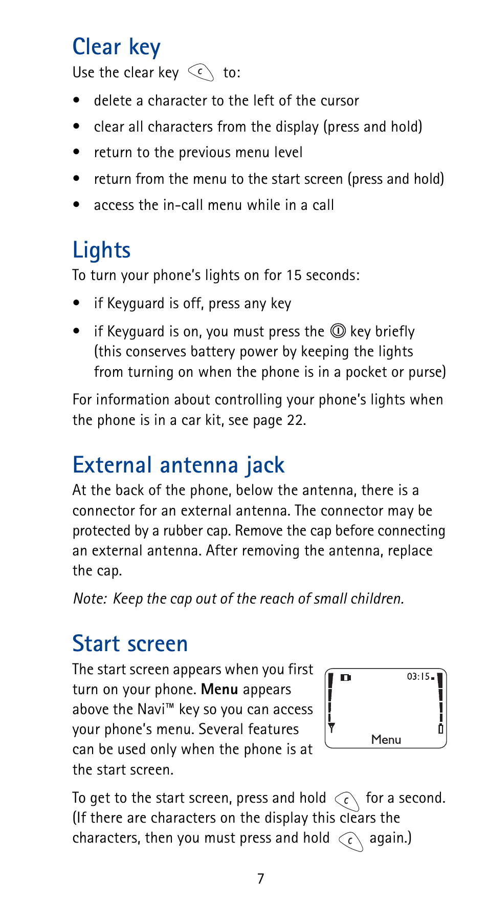 Clear key, Lights, External antenna jack | Start screen, See p. 7 | Nokia 5165 User Manual | Page 14 / 93
