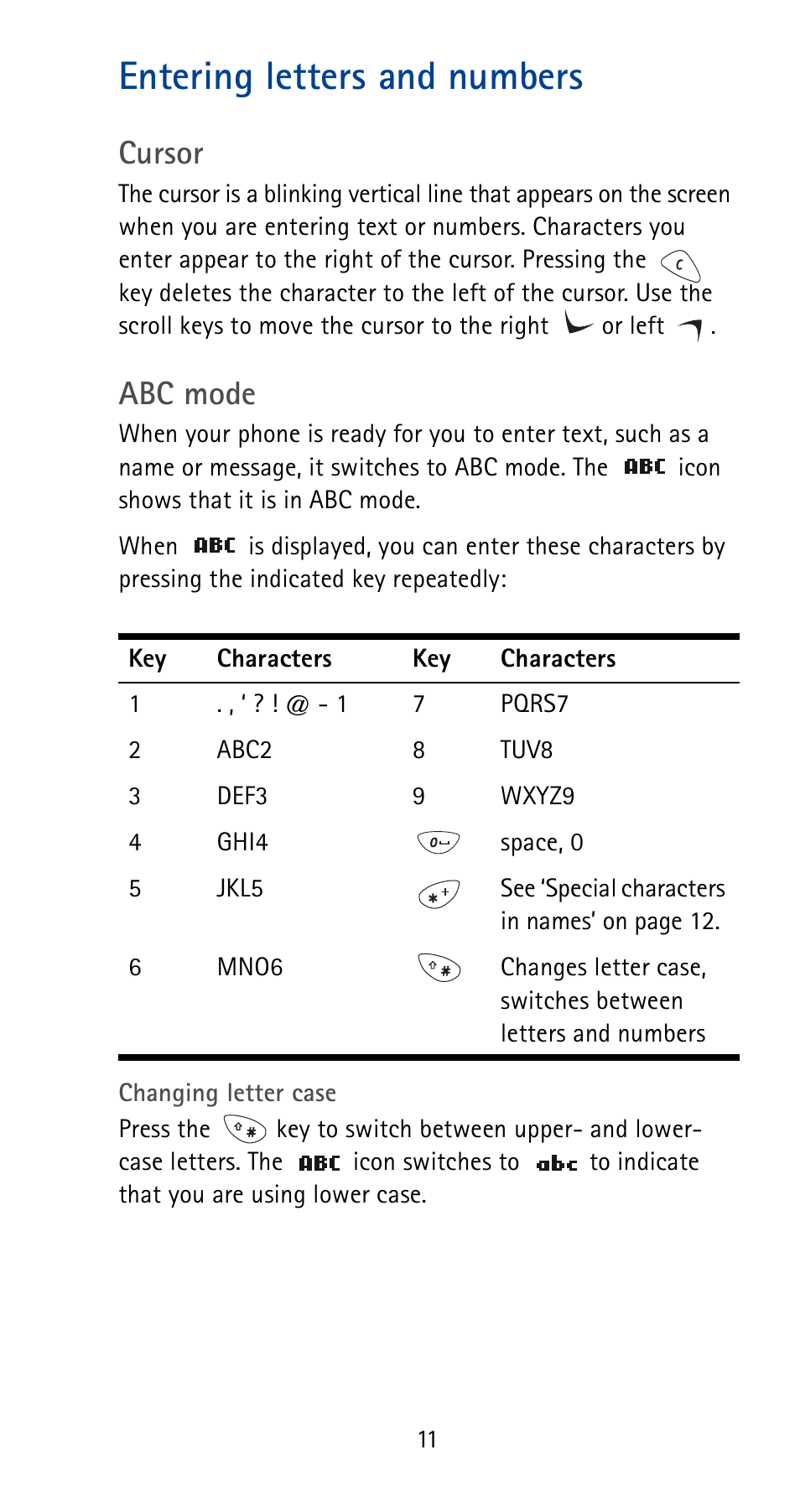 Entering letters and numbers, Cursor, Abc mode | Nokia 5165 User Manual | Page 18 / 93