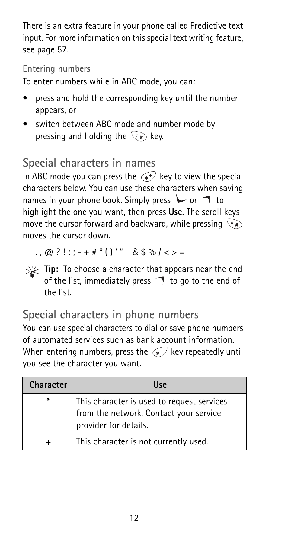 Special characters in names, Special characters in phone numbers | Nokia 5165 User Manual | Page 19 / 93