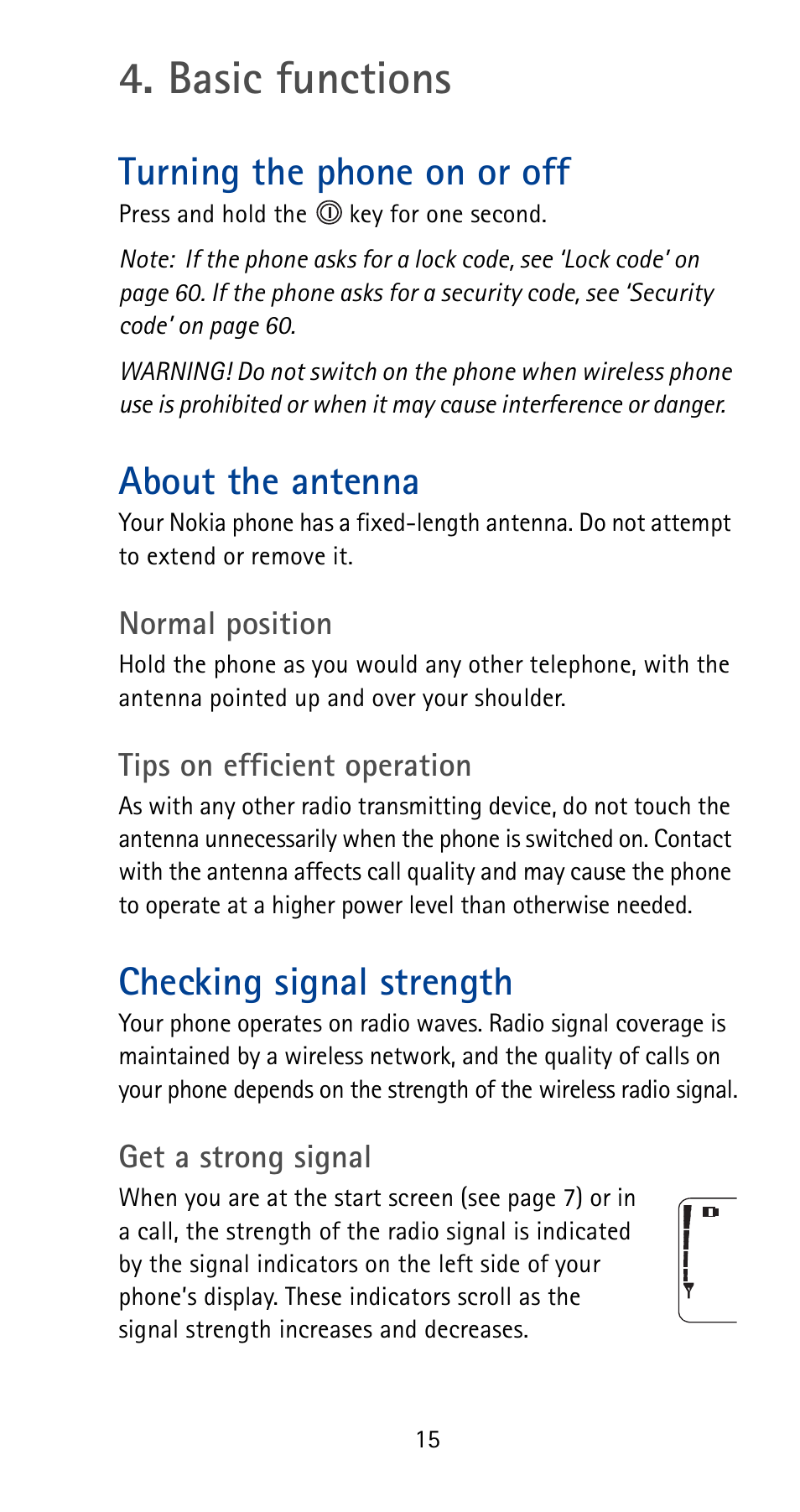 Basic functions, Turning the phone on or off, About the antenna | Checking signal strength, See p. 15 | Nokia 5165 User Manual | Page 22 / 93