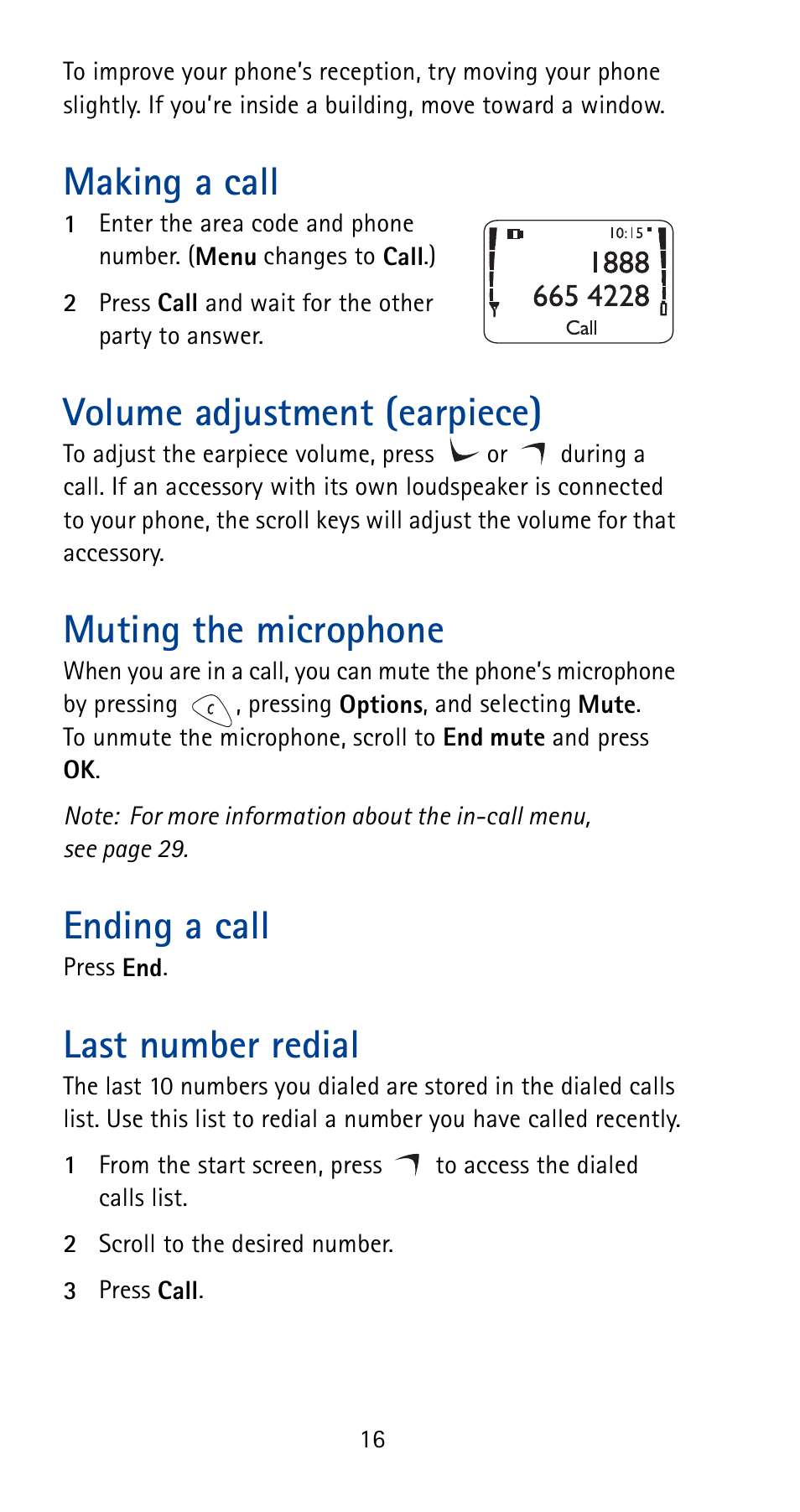 Making a call, Volume adjustment (earpiece), Muting the microphone | Ending a call, Last number redial, See p. 16 | Nokia 5165 User Manual | Page 23 / 93