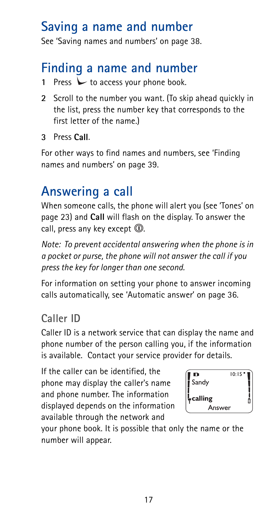 Saving a name and number, Finding a name and number, Answering a call | Caller id | Nokia 5165 User Manual | Page 24 / 93