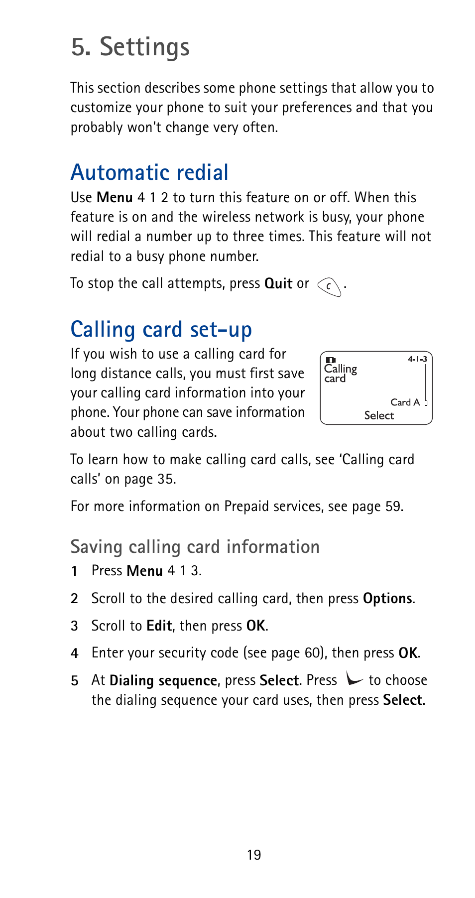 Settings, Automatic redial, Calling card set-up | Nokia 5165 User Manual | Page 26 / 93