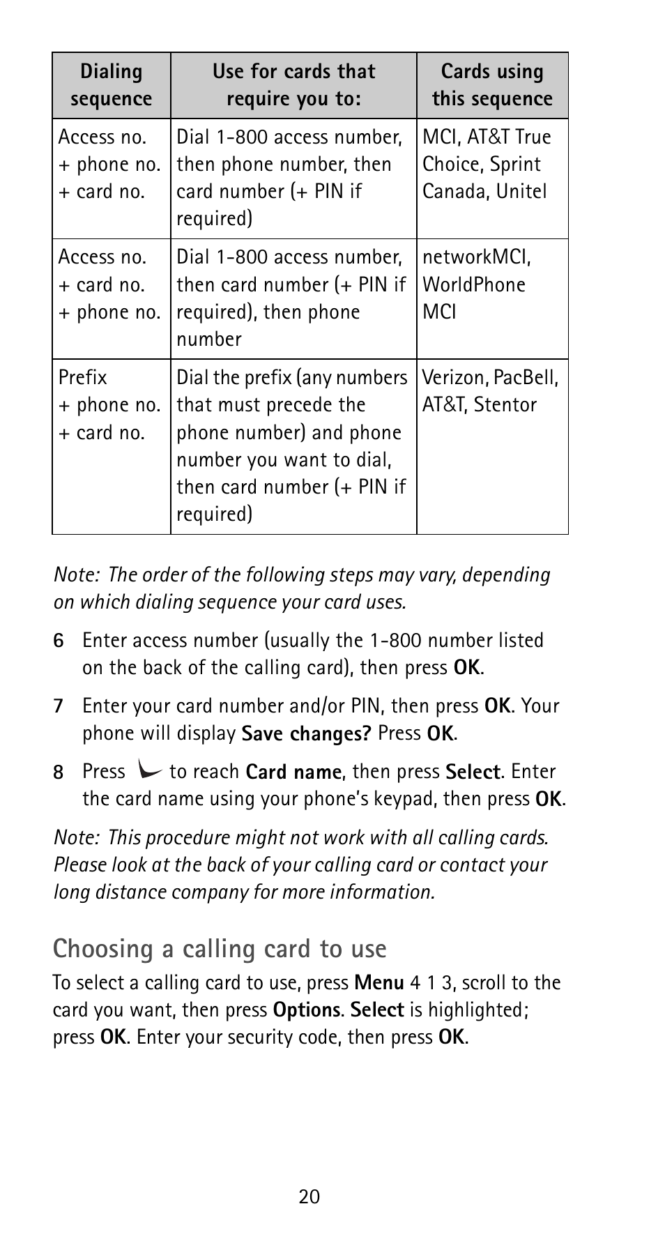 Choosing a calling card to use | Nokia 5165 User Manual | Page 27 / 93