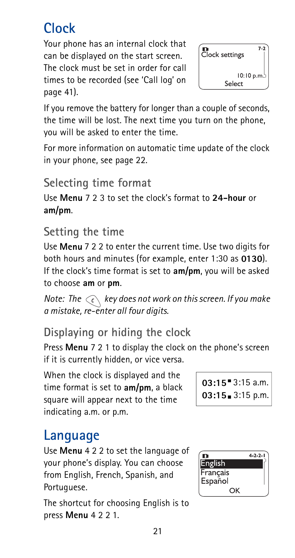 Clock, Language, Selecting time format | Setting the time, Displaying or hiding the clock | Nokia 5165 User Manual | Page 28 / 93