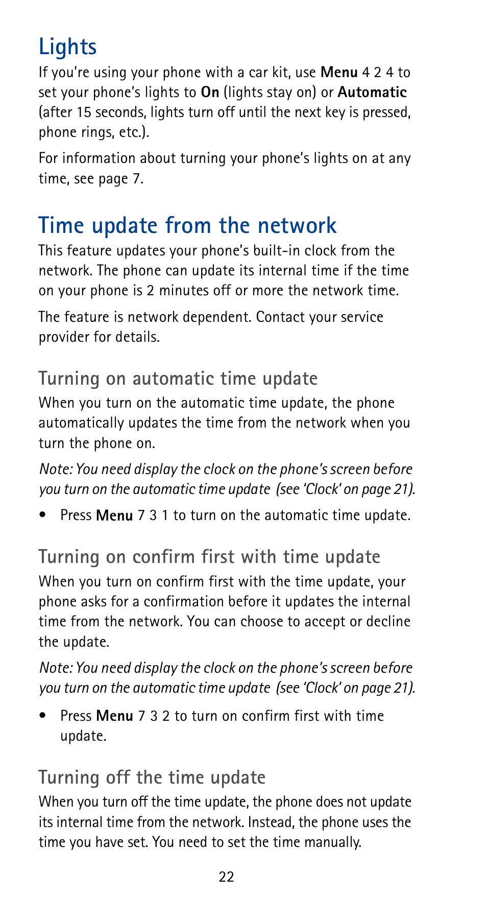 Lights, Time update from the network, Turning on automatic time update | Turning on confirm first with time update, Turning off the time update | Nokia 5165 User Manual | Page 29 / 93