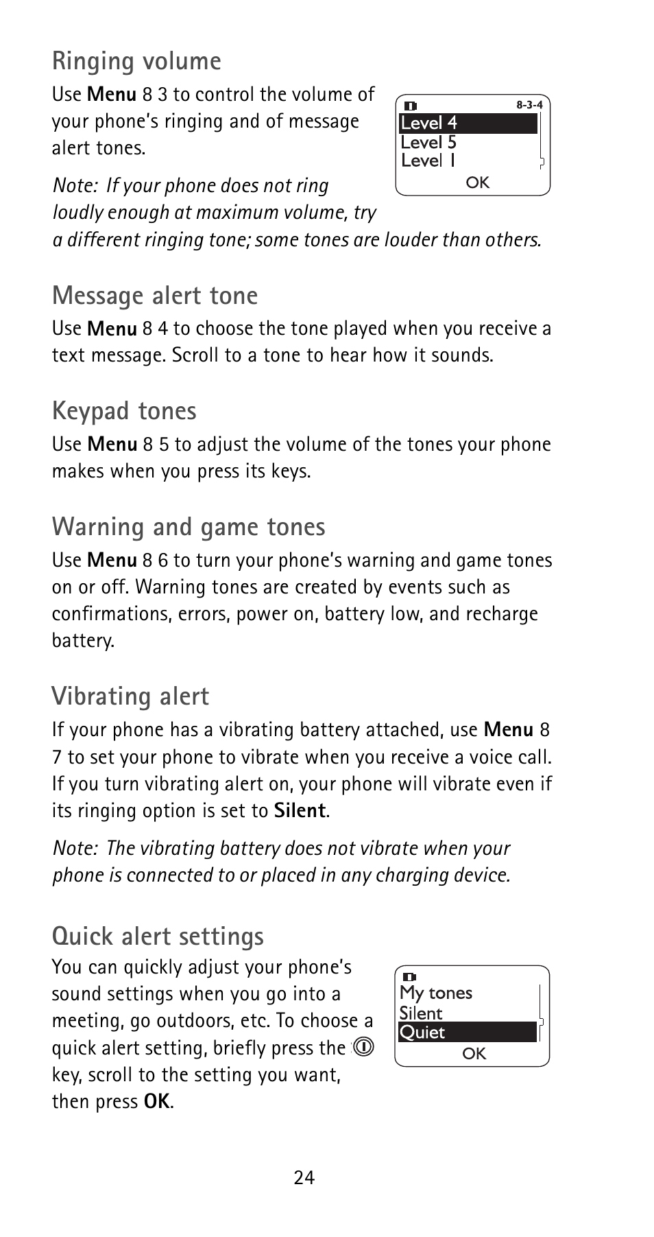 Quick alert settings, Ringing volume, Message alert tone | Keypad tones, Warning and game tones, Vibrating alert | Nokia 5165 User Manual | Page 31 / 93