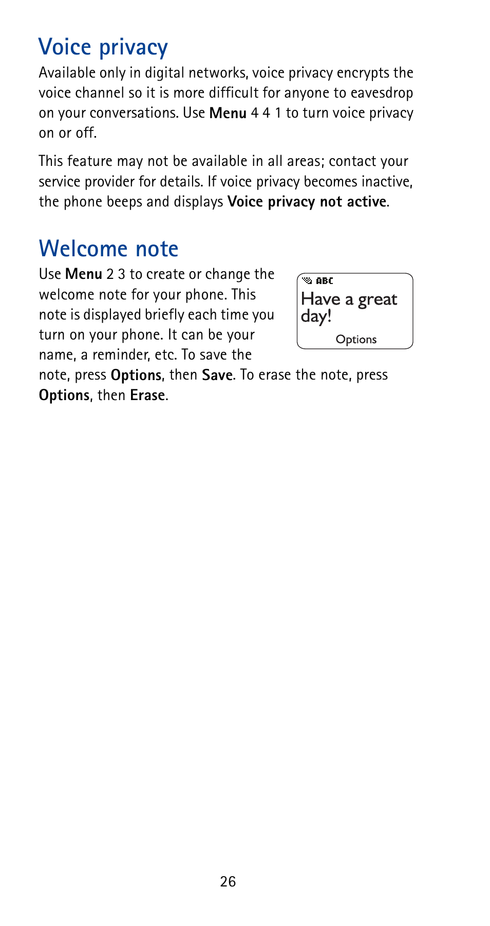 Voice privacy, Welcome note | Nokia 5165 User Manual | Page 33 / 93