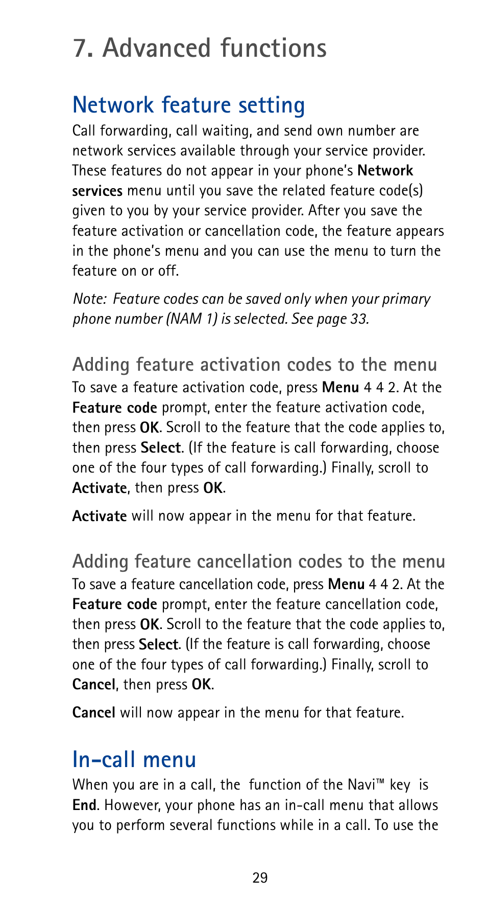 Advanced functions, Network feature setting, Adding feature activation codes to the menu | Adding feature cancellation codes to the menu, In-call menu | Nokia 5165 User Manual | Page 36 / 93