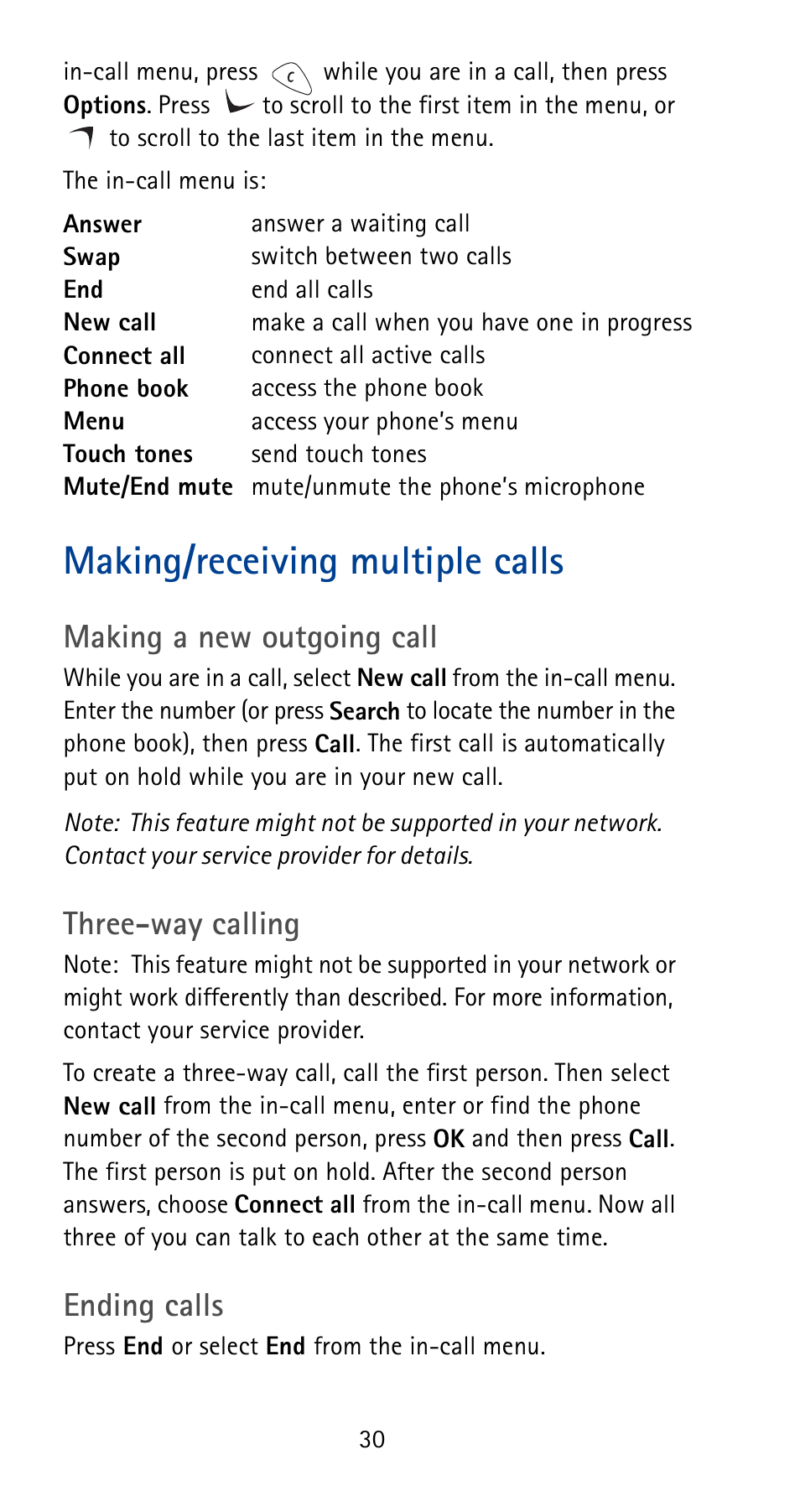 Making/receiving multiple calls, Making a new outgoing call, Three-way calling | Ending calls | Nokia 5165 User Manual | Page 37 / 93
