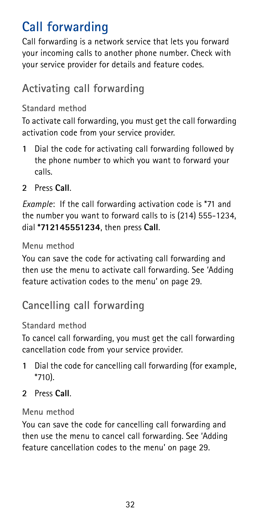 Call forwarding, Activating call forwarding, Cancelling call forwarding | Nokia 5165 User Manual | Page 39 / 93