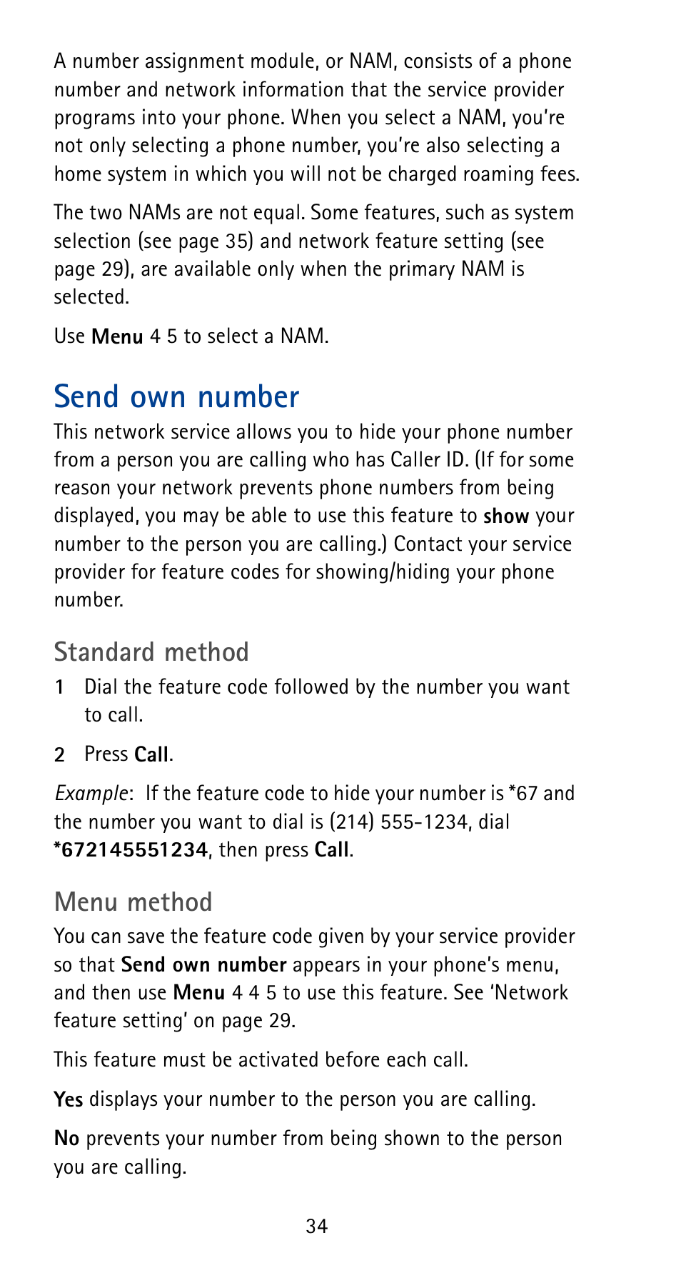 Send own number, Standard method, Menu method | Nokia 5165 User Manual | Page 41 / 93