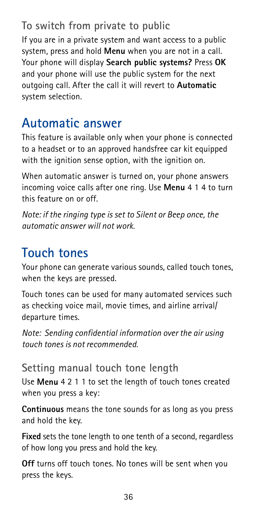 Automatic answer, Touch tones, Setting manual touch tone length | Nokia 5165 User Manual | Page 43 / 93
