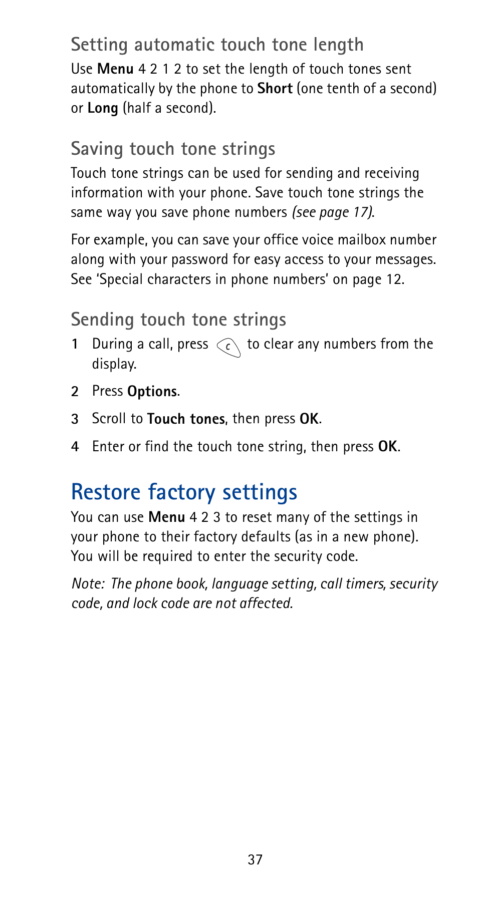 Restore factory settings, Setting automatic touch tone length, Saving touch tone strings | Sending touch tone strings | Nokia 5165 User Manual | Page 44 / 93