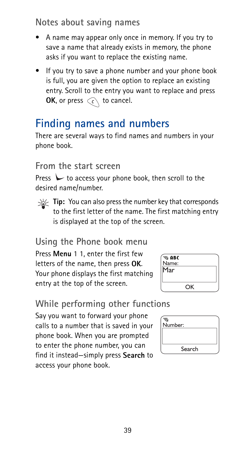 Finding names and numbers, Using the phone book menu, While performing other functions | Nokia 5165 User Manual | Page 46 / 93