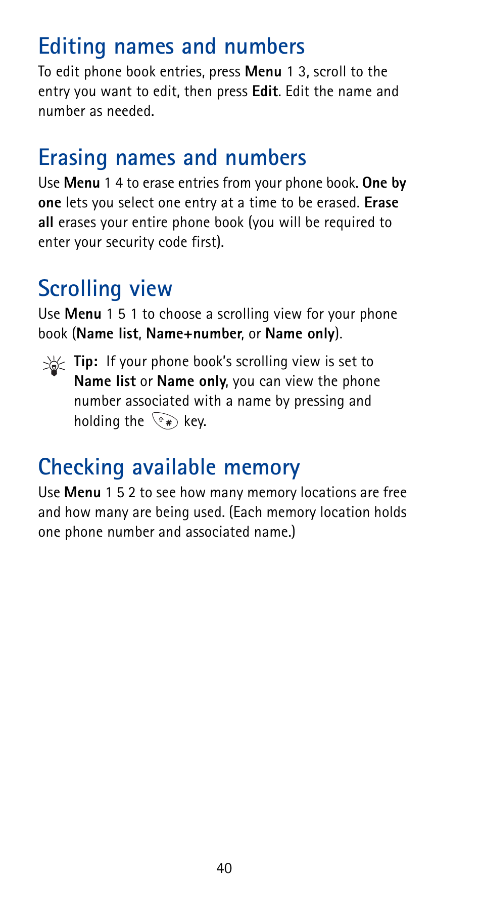 Editing names and numbers, Erasing names and numbers, Scrolling view | Checking available memory | Nokia 5165 User Manual | Page 47 / 93