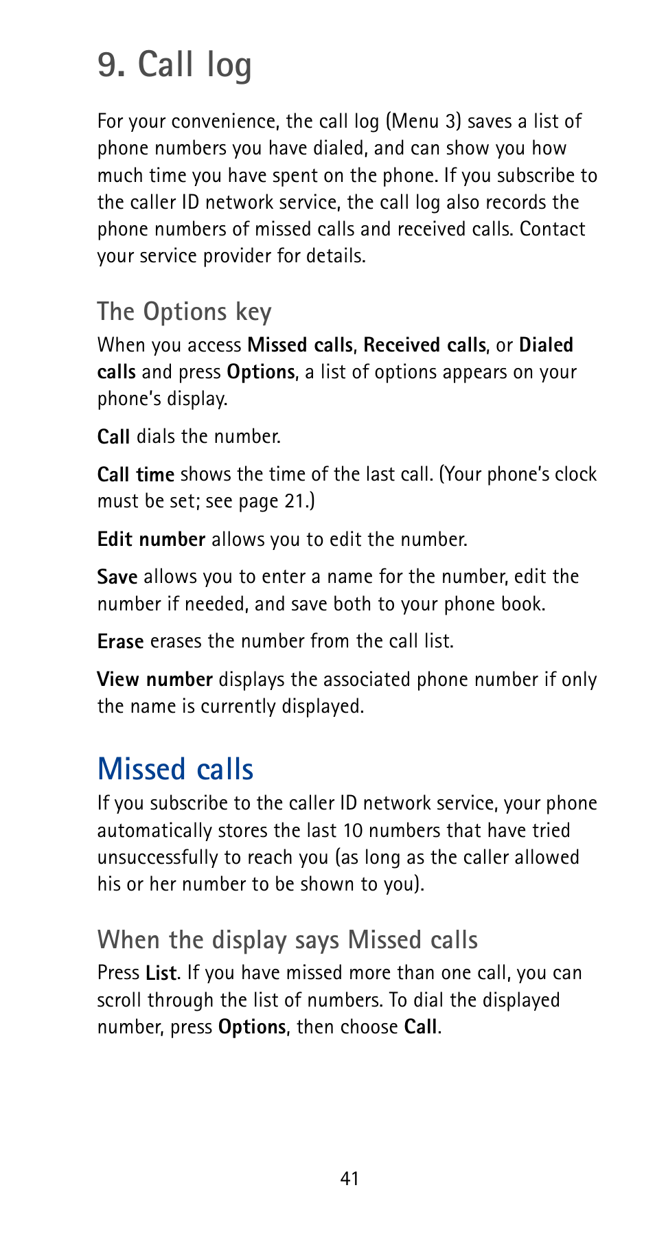 Call log, Missed calls | Nokia 5165 User Manual | Page 48 / 93
