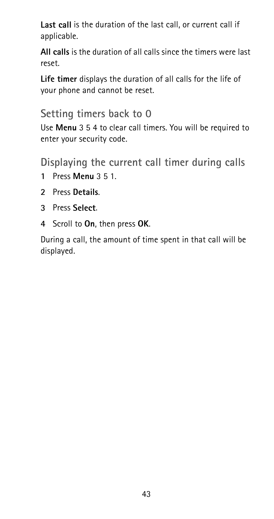 Setting timers back to 0, Displaying the current call timer during calls | Nokia 5165 User Manual | Page 50 / 93