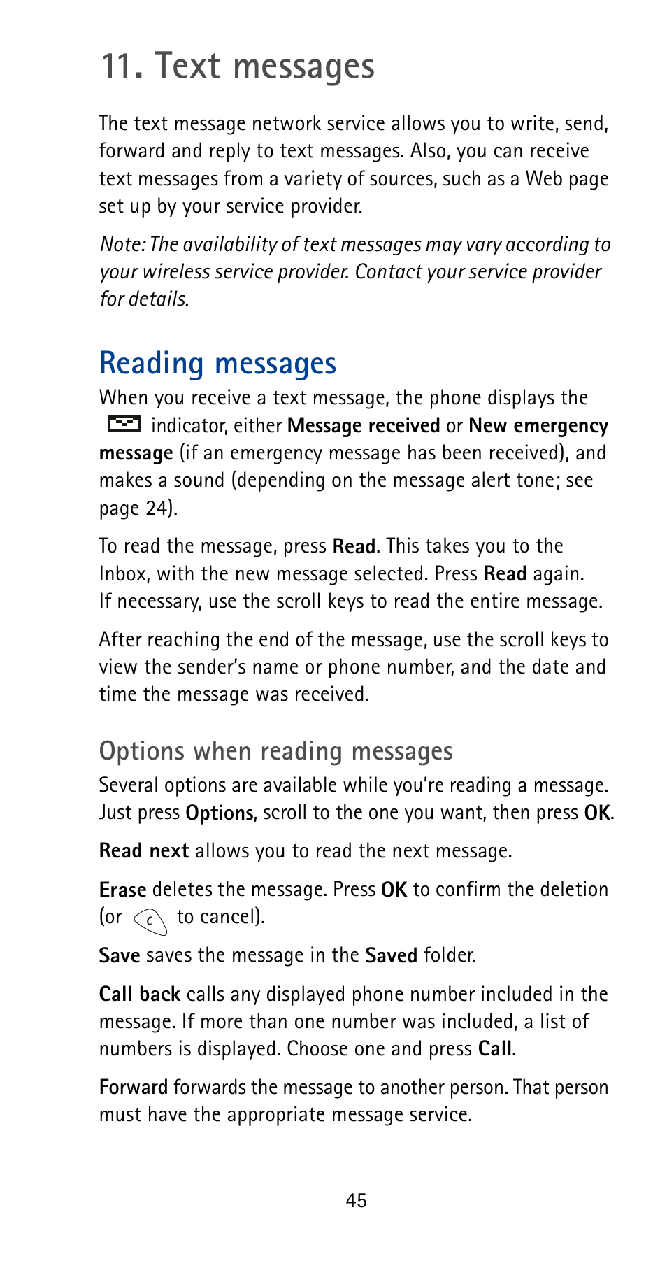Text messages, Reading messages, Options when reading messages | Nokia 5165 User Manual | Page 52 / 93