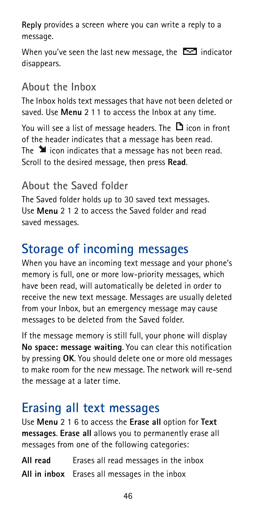Storage of incoming messages, Erasing all text messages, About the inbox | About the saved folder | Nokia 5165 User Manual | Page 53 / 93