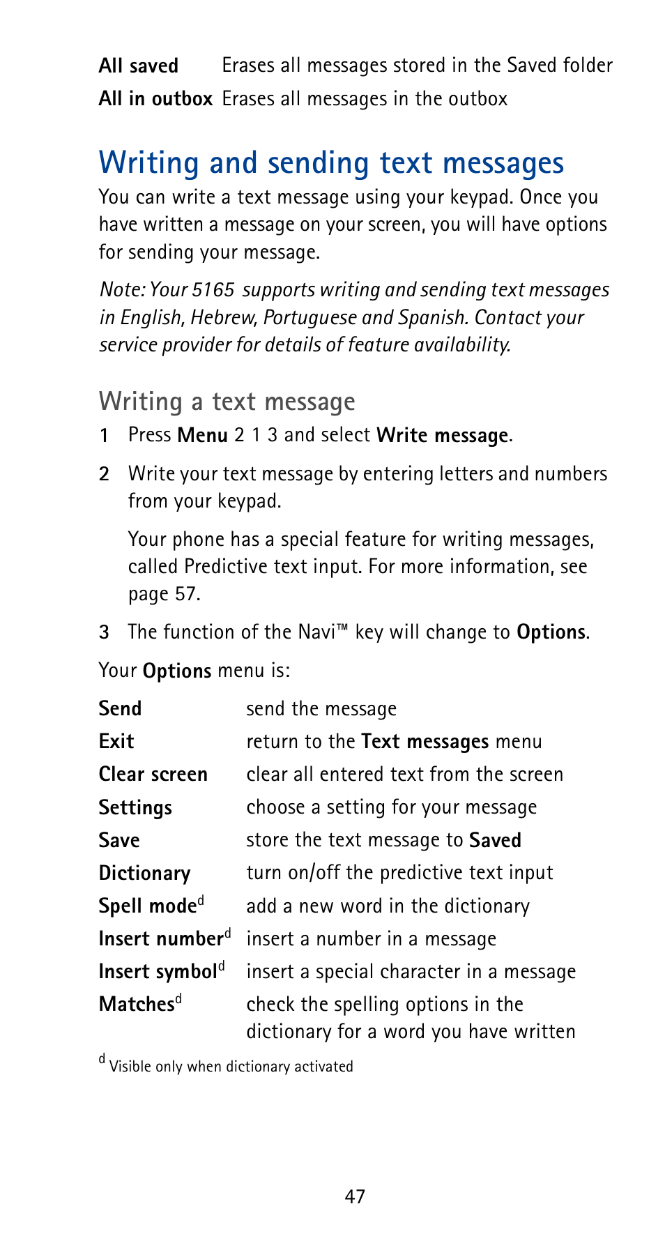 Writing and sending text messages, Writing a text message | Nokia 5165 User Manual | Page 54 / 93