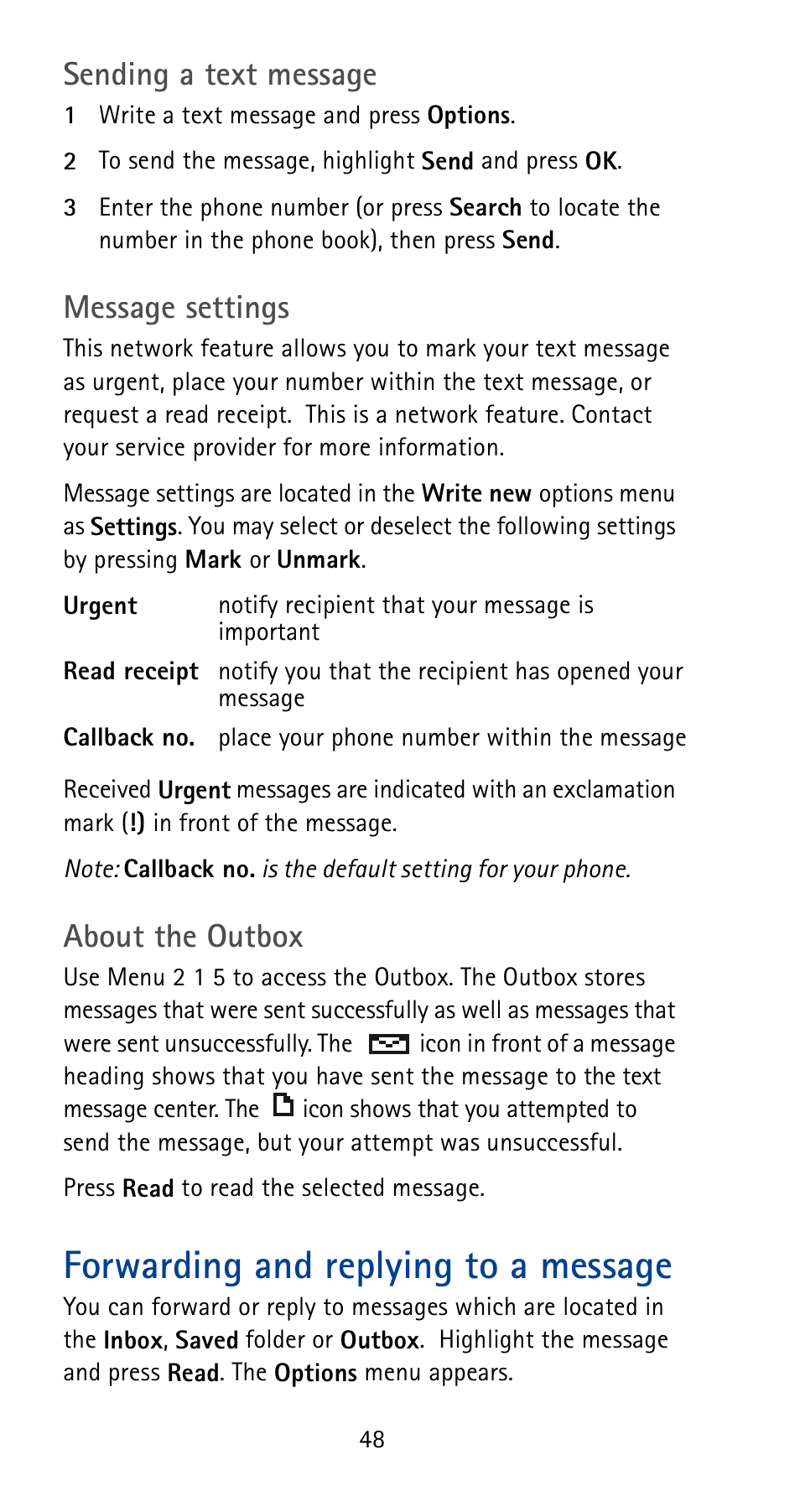 Forwarding and replying to a message, Sending a text message, Message settings | About the outbox | Nokia 5165 User Manual | Page 55 / 93