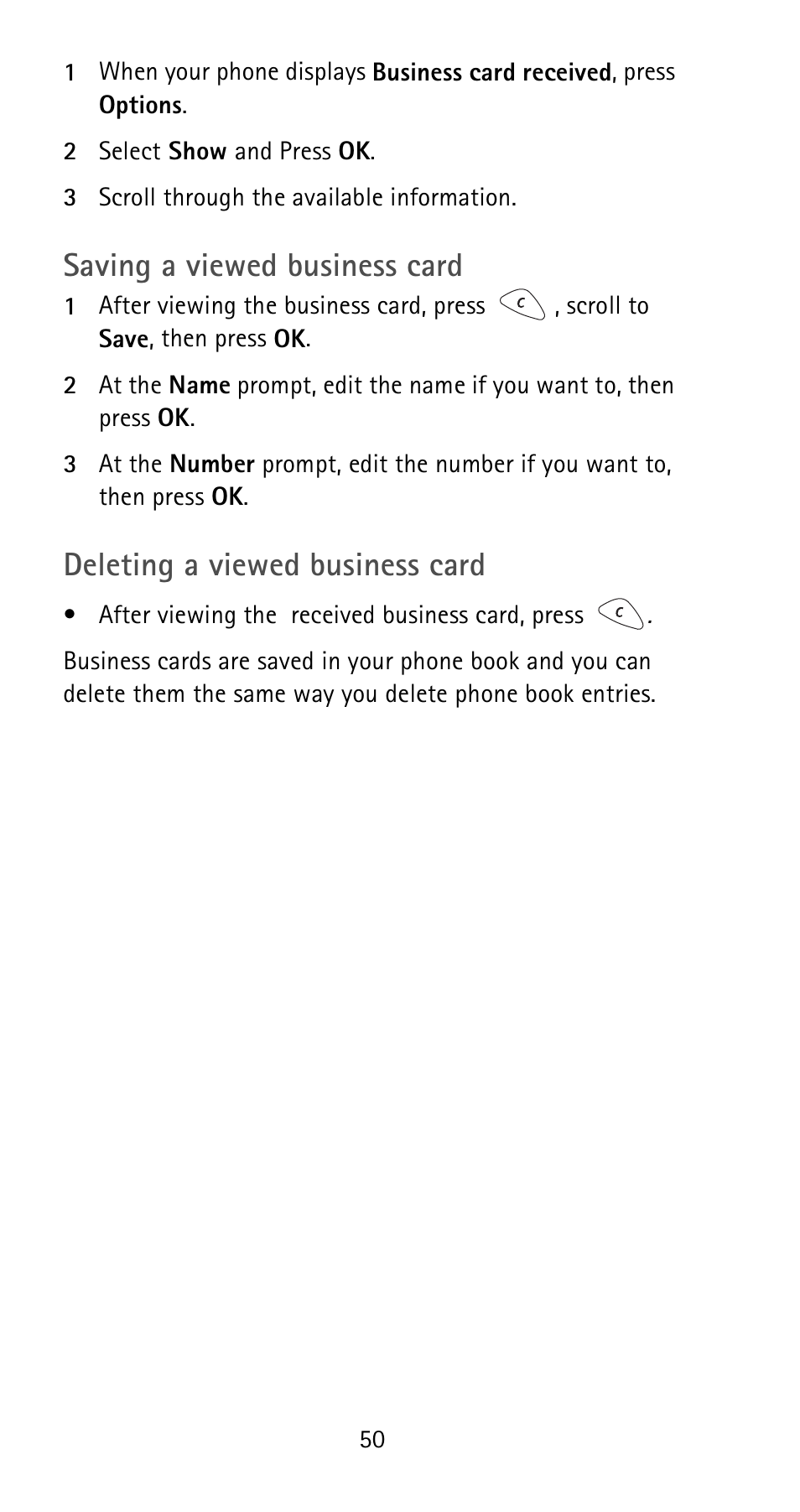 Saving a viewed business card, Deleting a viewed business card | Nokia 5165 User Manual | Page 57 / 93