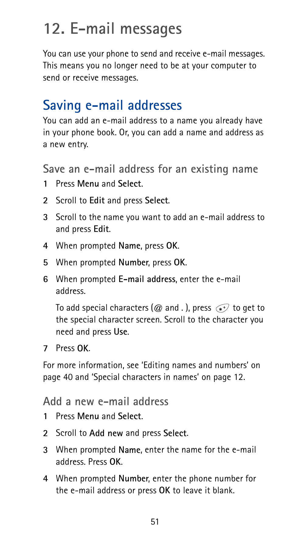 E-mail messages, Saving e-mail addresses, Save an e-mail address for an existing name | Add a new e-mail address | Nokia 5165 User Manual | Page 58 / 93