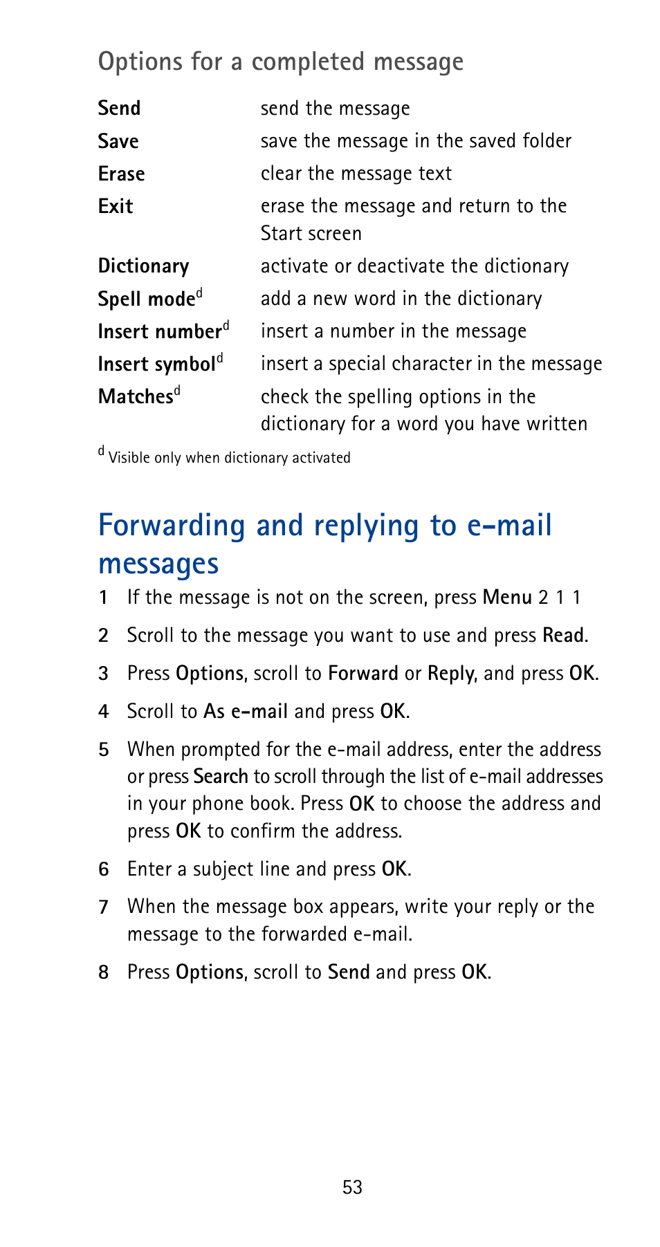 Forwarding and replying to e-mail messages, Options for a completed message | Nokia 5165 User Manual | Page 60 / 93