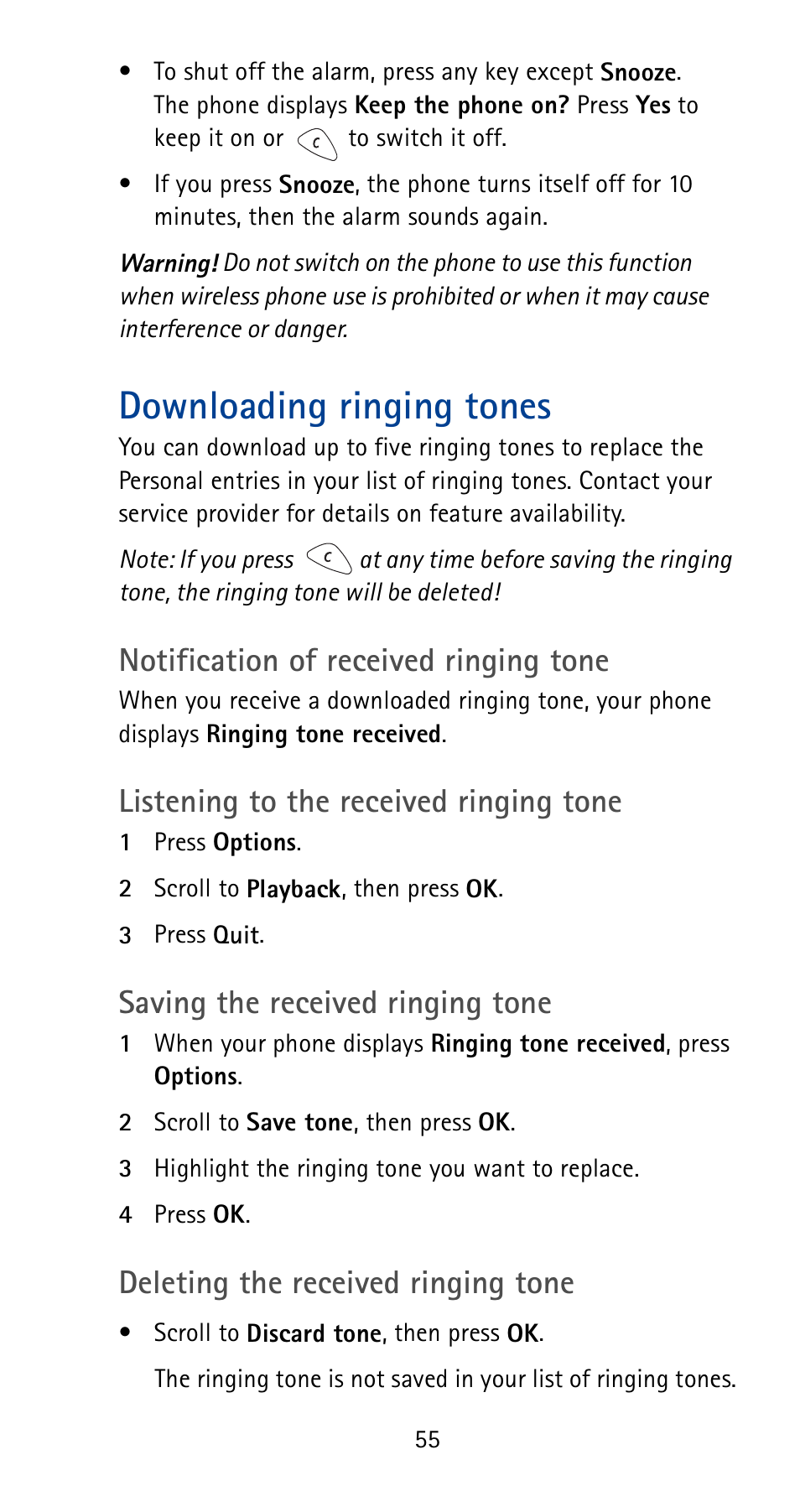 Downloading ringing tones, Notification of received ringing tone, Listening to the received ringing tone | Saving the received ringing tone, Deleting the received ringing tone | Nokia 5165 User Manual | Page 62 / 93