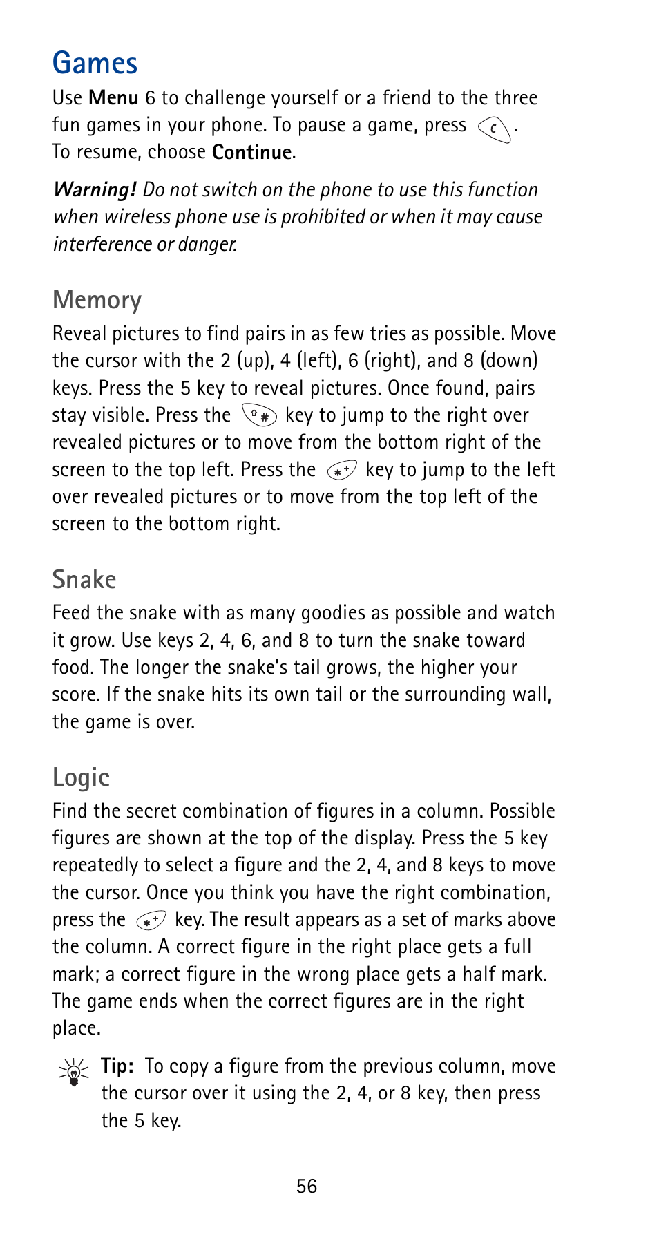 Games, Snake, Logic | Nokia 5165 User Manual | Page 63 / 93
