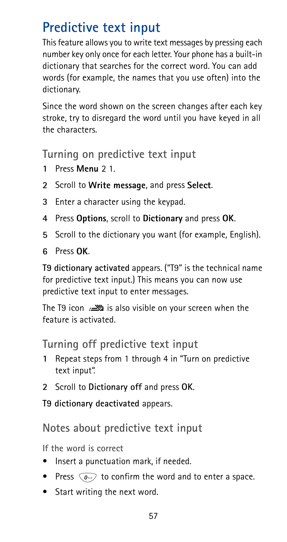 Predictive text input, Turning on predictive text input, Turning off predictive text input | Nokia 5165 User Manual | Page 64 / 93