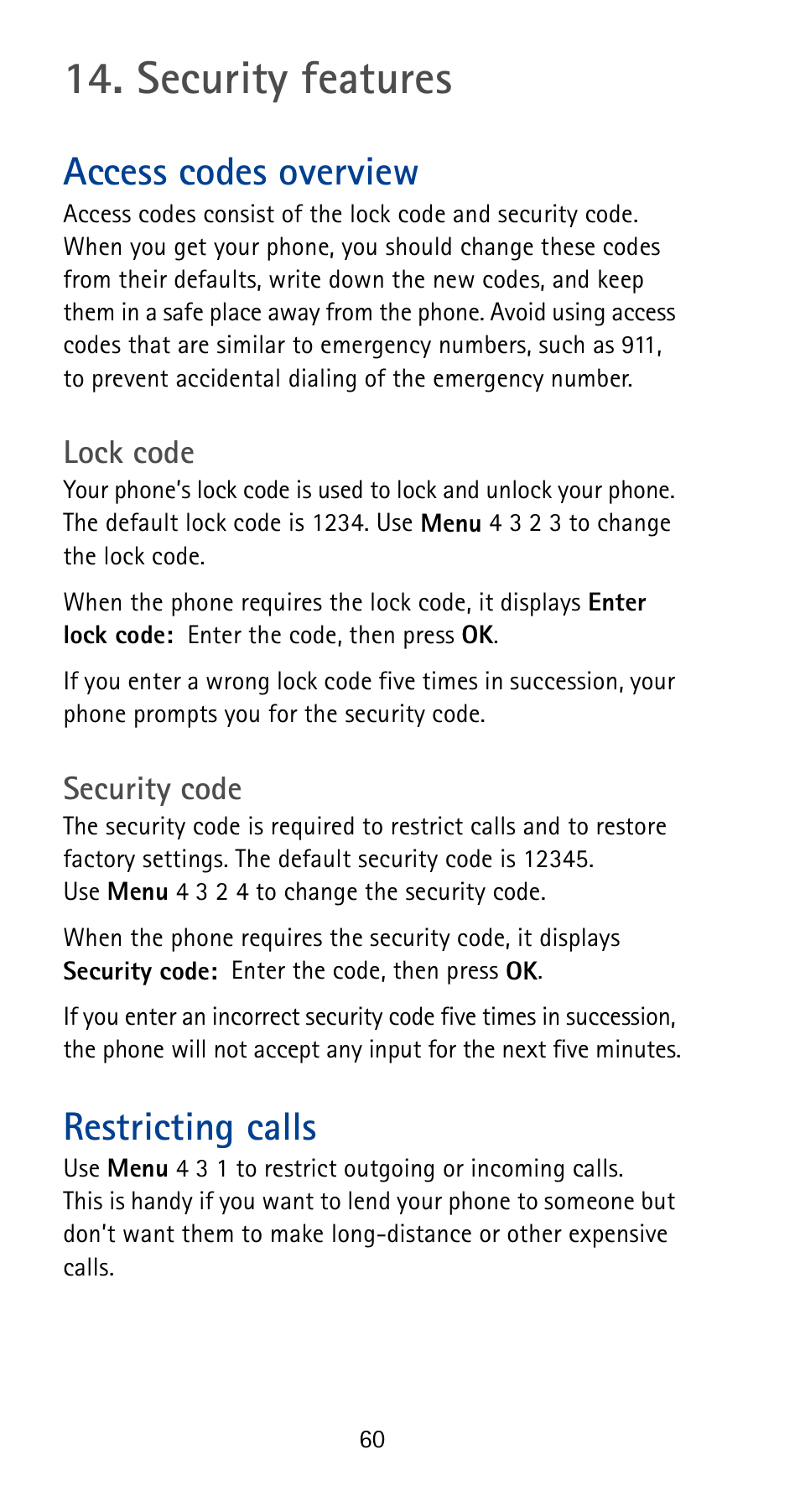 Security features, Access codes overview, Lock code | Security code, Restricting calls | Nokia 5165 User Manual | Page 67 / 93