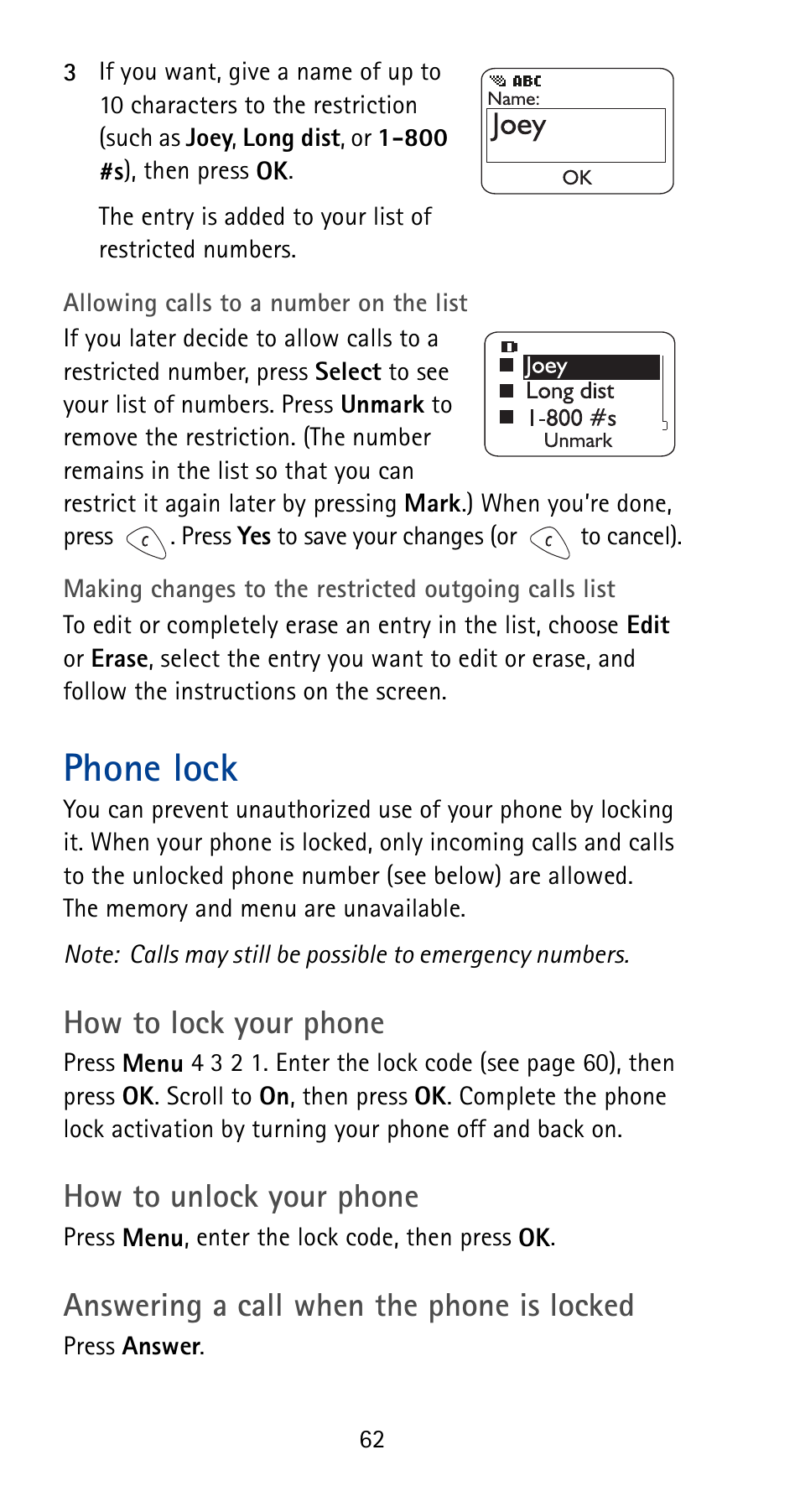 Phone lock, How to lock your phone, How to unlock your phone | Answering a call when the phone is locked | Nokia 5165 User Manual | Page 69 / 93