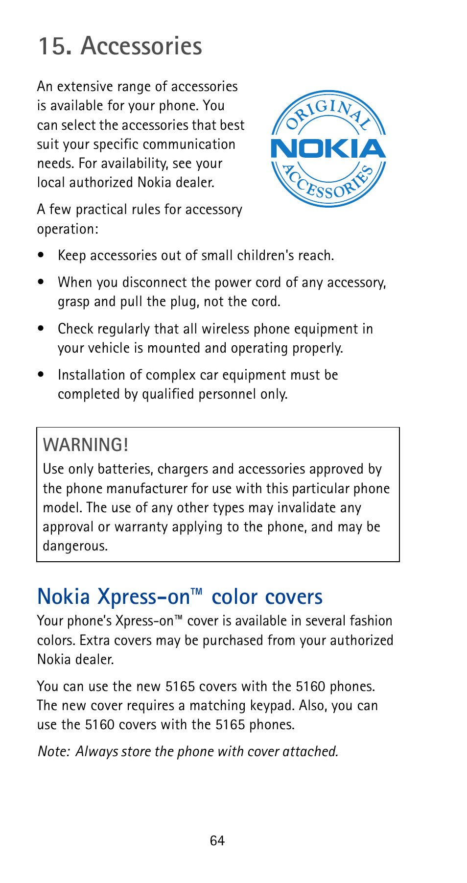 Accessories, Nokia xpress-on™ color covers, Warning | Nokia 5165 User Manual | Page 71 / 93