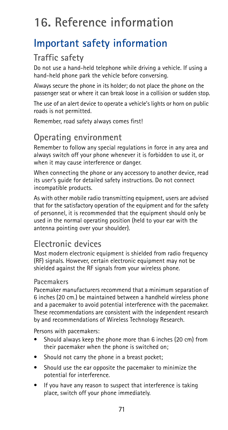 Reference information, Important safety information, Traffic safety | Operating environment, Electronic devices | Nokia 5165 User Manual | Page 78 / 93
