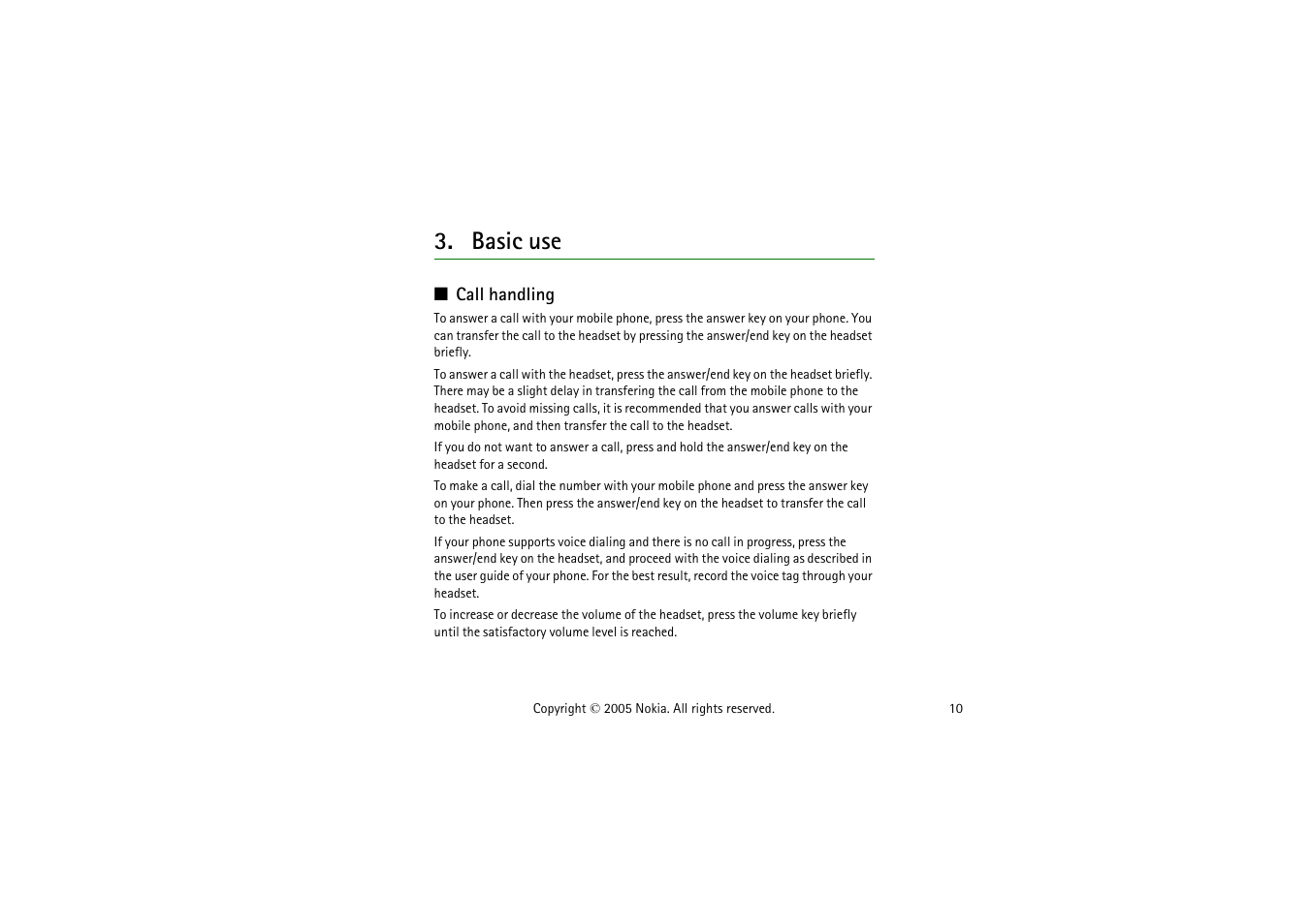 Basic use, Call handling | Nokia HS-37W User Manual | Page 10 / 14