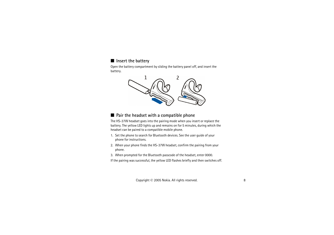 Insert the battery, Pair the headset with a compatible phone | Nokia HS-37W User Manual | Page 8 / 14